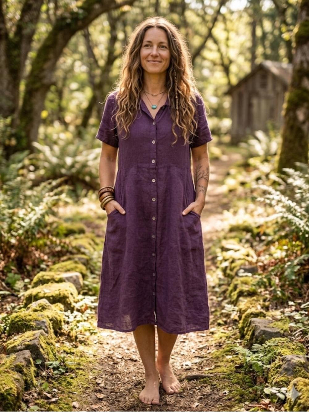 Subtle Tones Purple Linen Button Down Midi Dress M/L